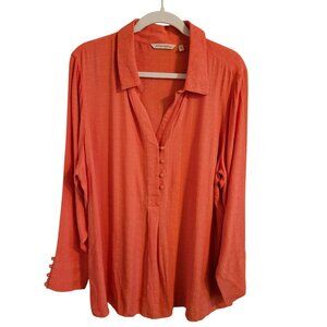 Soft Surroundings Woman Size 1X Orange Button Up Blouse Textured Long Sleeve Fal